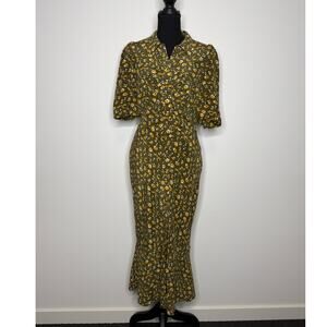 Veronica Beard Pike Silk Floral Midi Dress Size 8 Olive Green Button Front